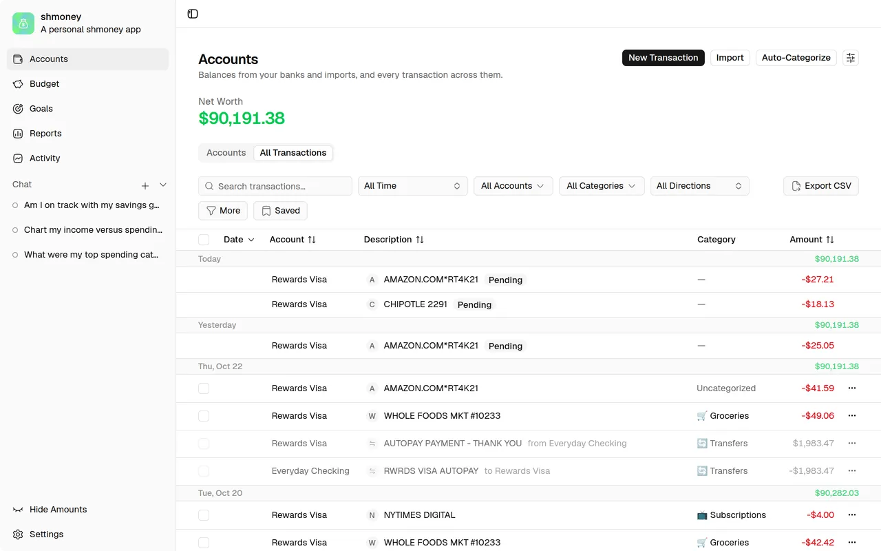 shmoney transactions view with net worth, search and filters, and a categorized transaction list